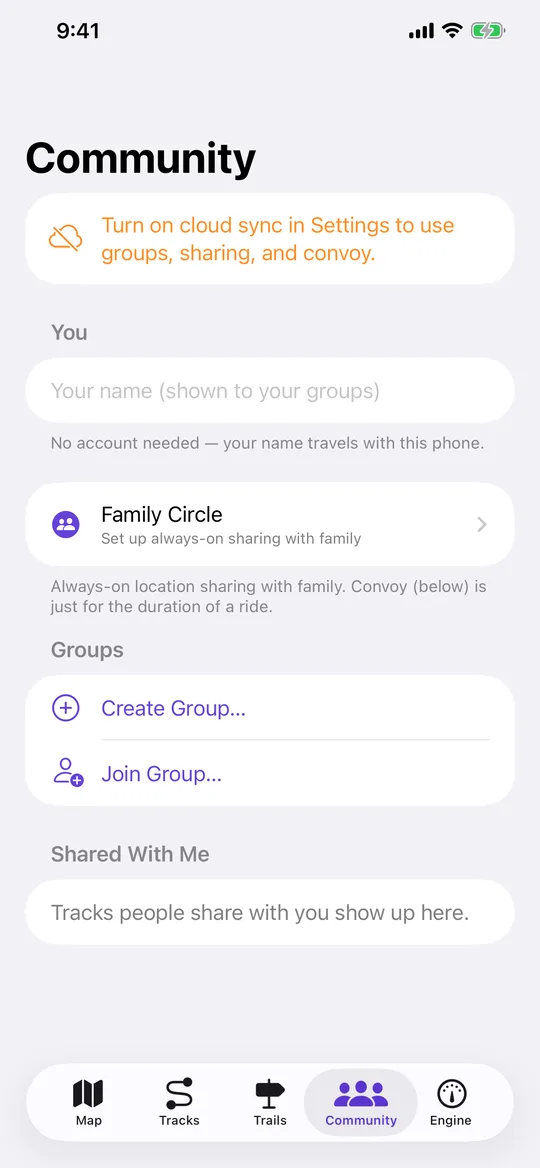 The NavGPS Community tab showing groups and their invite codes