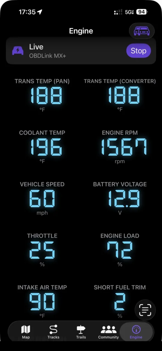 The NavGPS engine dashboard showing live readings
