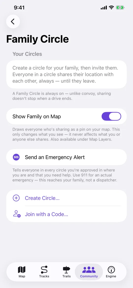 The NavGPS Family Circle screen with Create Circle and Join with a Code