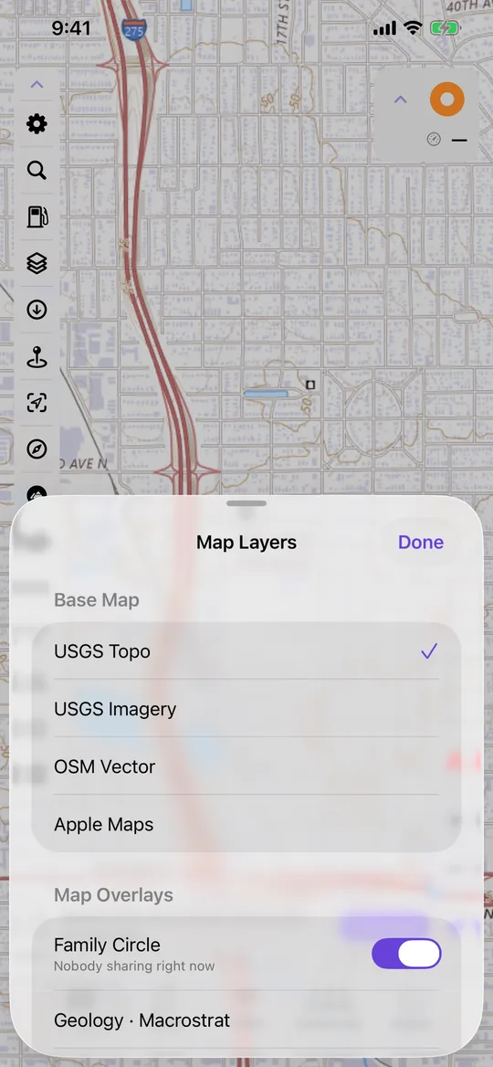 The NavGPS layers sheet listing base maps and overlays