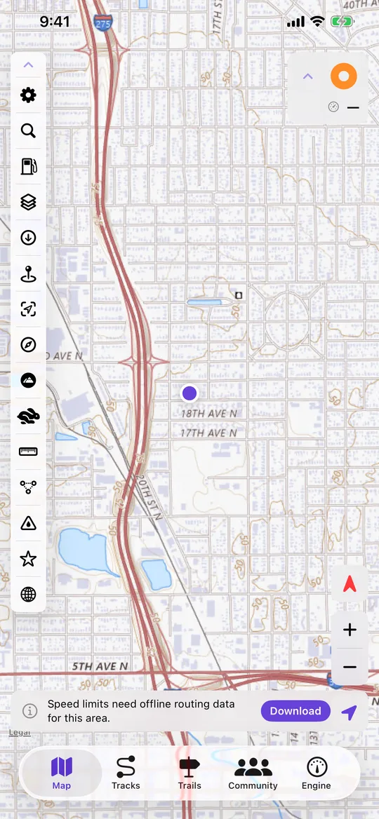 The NavGPS map screen, where selected live engine readings can be shown in a panel.