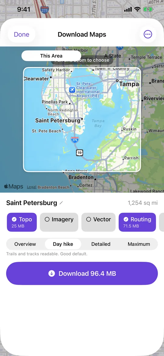 The NavGPS offline download sheet showing area, layers and size