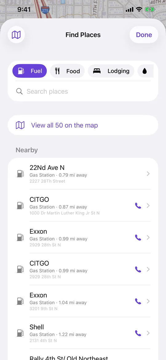 Offline place search results in NavGPS showing nearby fuel