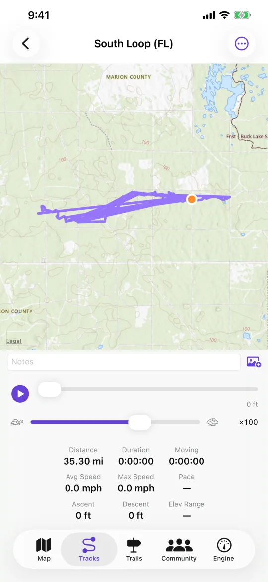 A recorded track in NavGPS with map, elevation profile and statistics