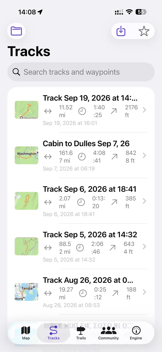 The NavGPS track library listing recorded trips