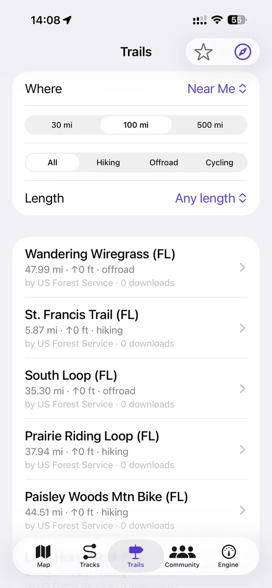 The NavGPS Trail Library listing published routes